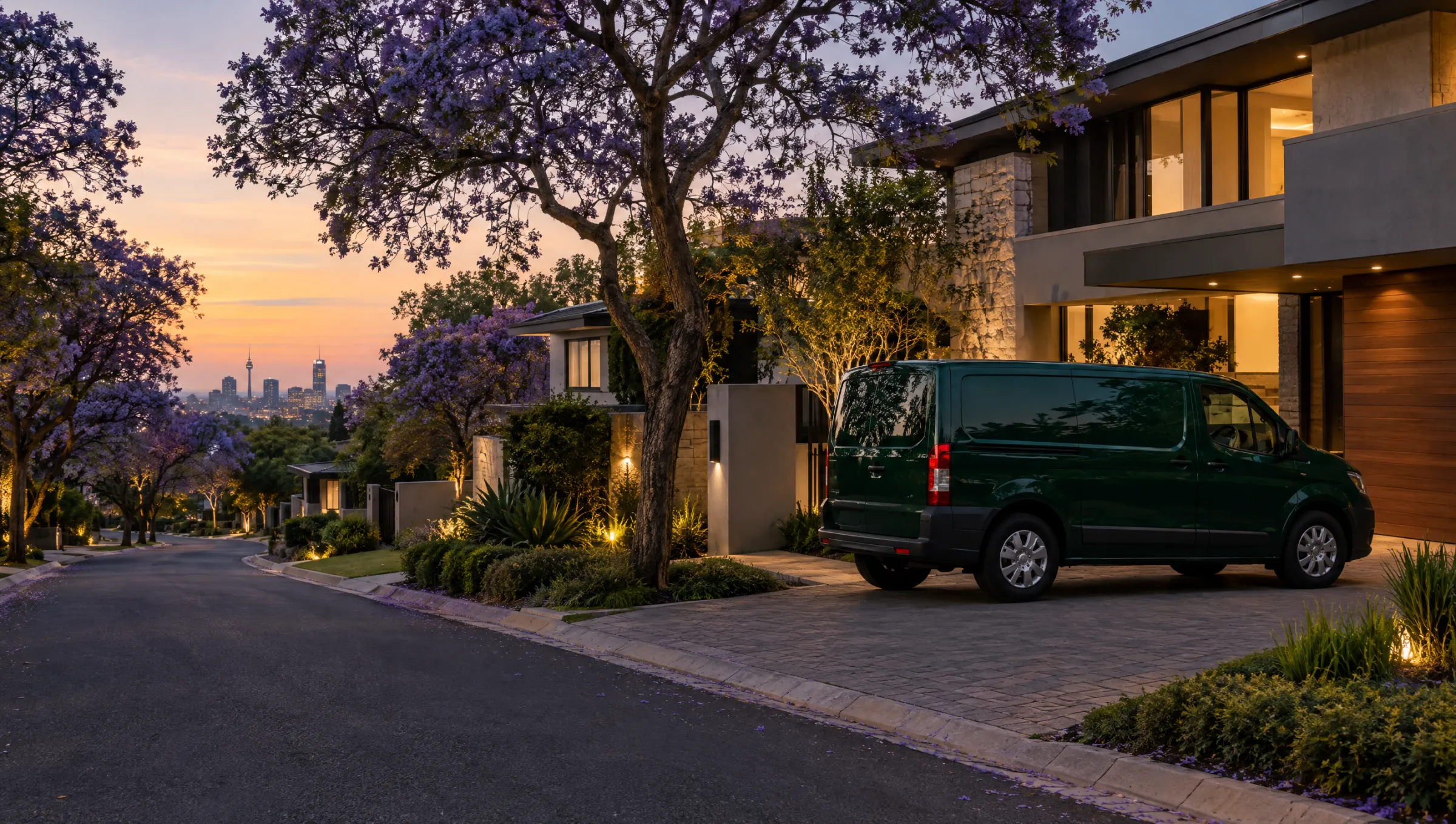 Residential estate street at dusk with a Vutha service van