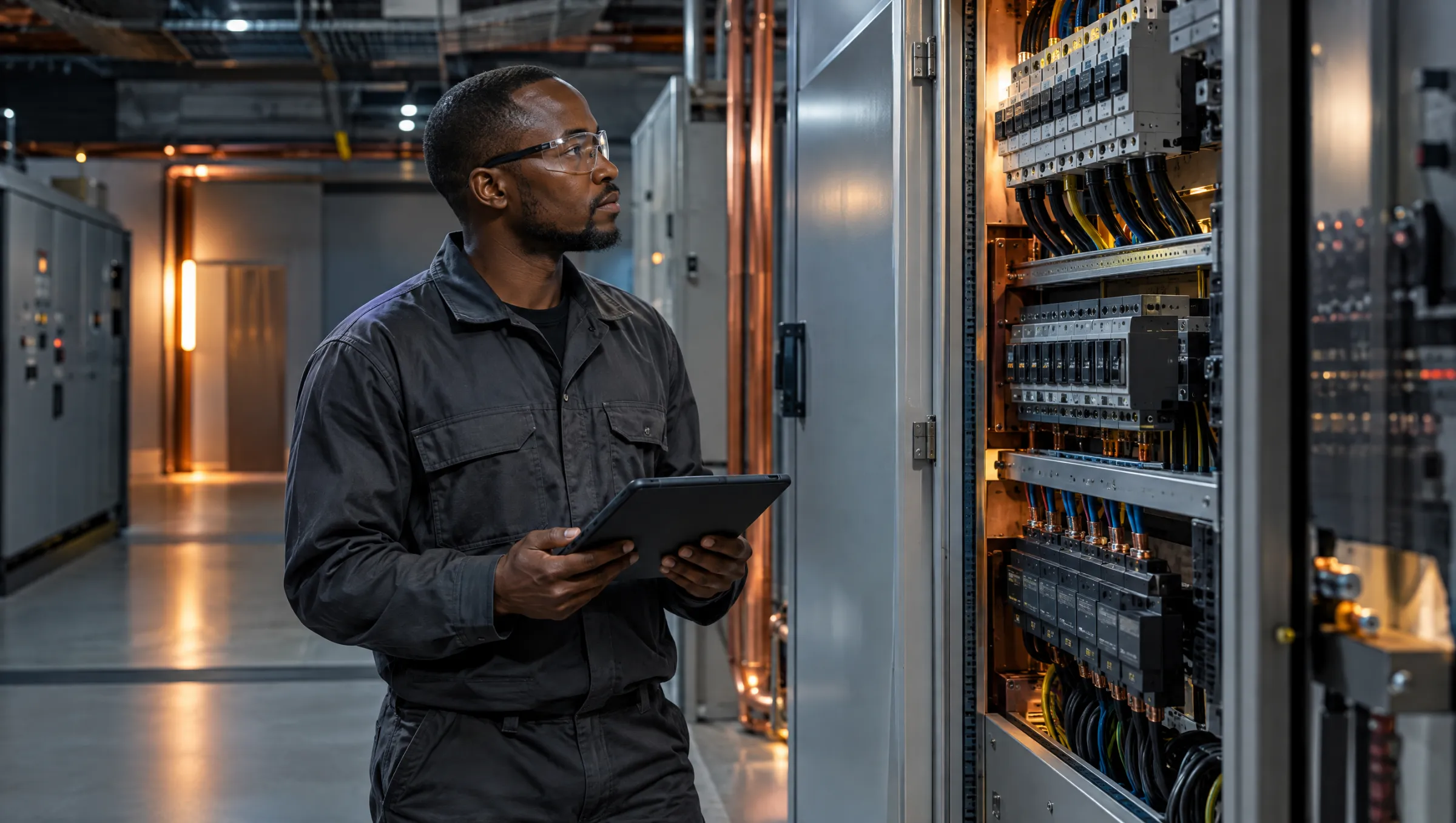 Technician inspecting a commercial distribution board in a plant room